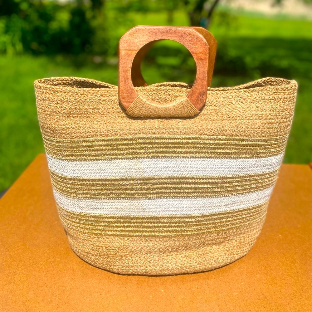Abril Kraft Women’s Jute Tote Gold / White Stripe 16” x 16” - Picture 2 of 6